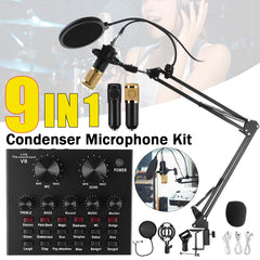 9in1 Condenser Microphone Kit Live Sound Card Stand Shock Mount Professional Mic Set for Broadcast Singing K Songs
