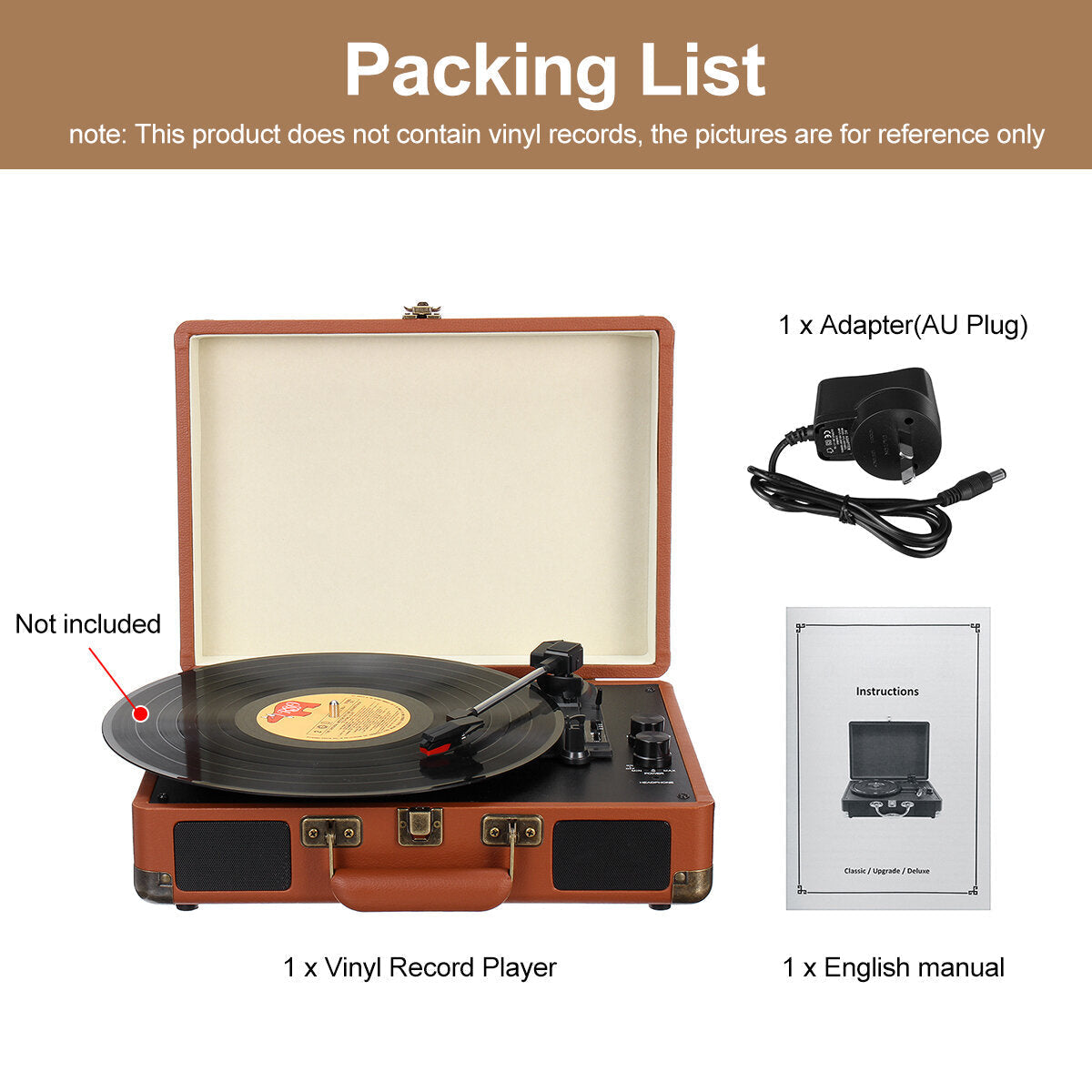 Vinyl Turntable Record Player LP Disc 33/45/78 RPM Bluetooth Portable Leather Gramophone Phonograph Speaker 3.5mm Antique Retro