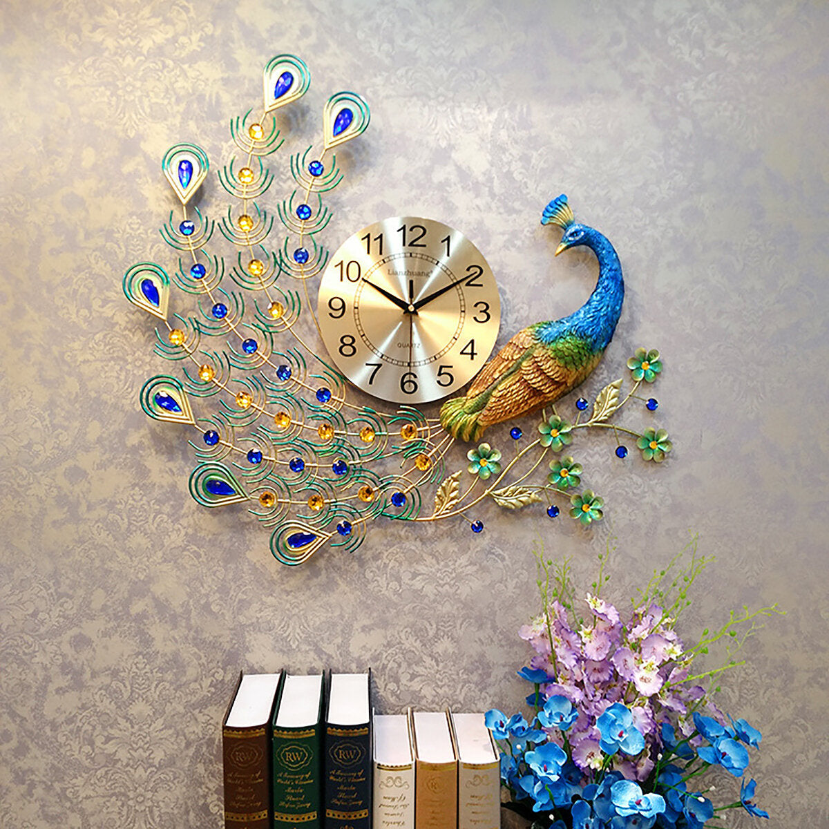 3D DIY Peacock Decoration Digital Wall Clock Metal Modern Art Home Bedroom Room
