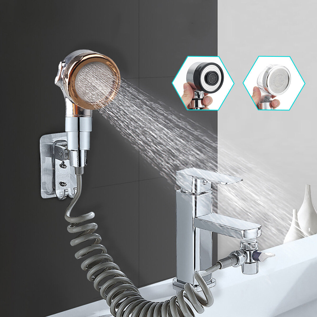 Bathroom Wash Face Basin Water Tap External Shower Head HandHeld Bidet Sprayer Jet Diverter Kit Set