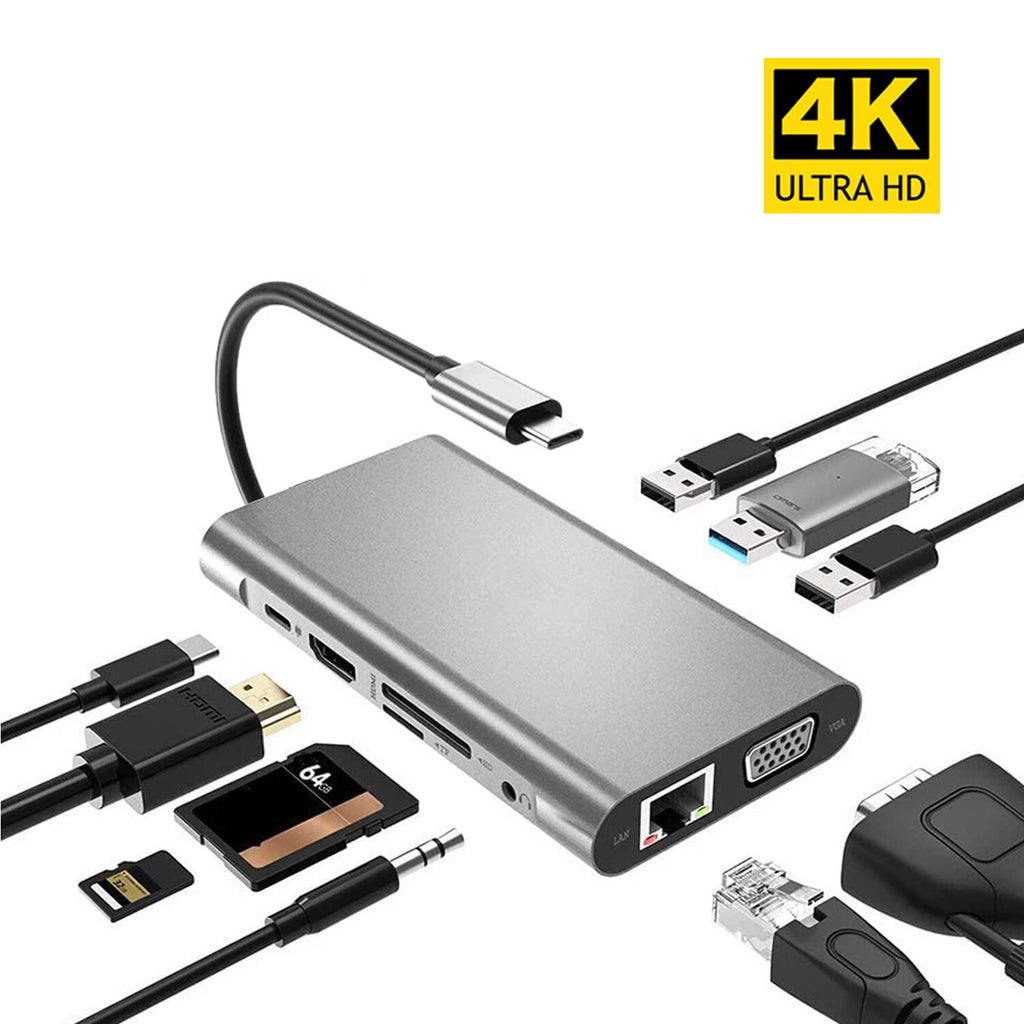 10-in-1 USB-C HUB Docking Station Adapter With USB-C PD 100W Power Delivery/HDMI/Memory Card Readers/3.5mm Audio Jack/LAN/VGA/USB3.0*3