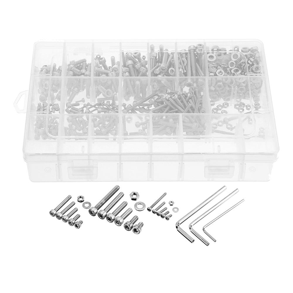 1080Pcs 304 Stainless Steel Hex Socket Head Cap Screw Nuts Flat Washers Kit M2/3/4