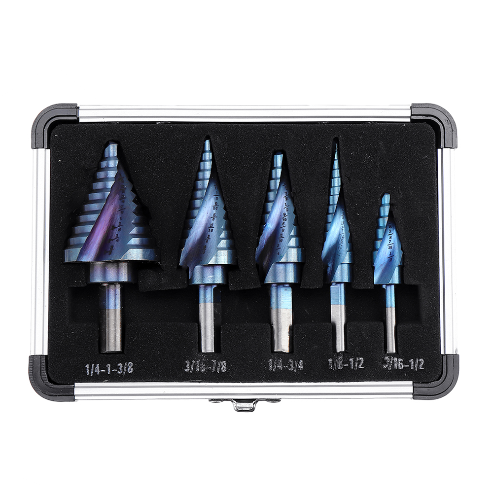 5pcs HSS Blue Nano Coating Step Drill Bit Set Spiral Flute Multiple Hole 1/8 to 1-3/8 Inch 50 Sizes with Aluminum Case or Opp Bag
