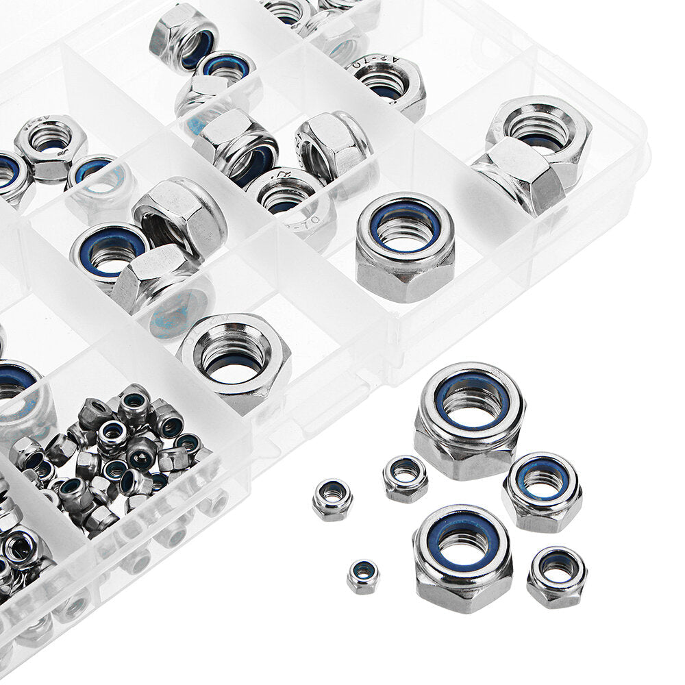 170Pcs Stainless Steel Nylon Insert Lock Nut M3/4/5/6/8/10/12 Locknut Assortment Kit