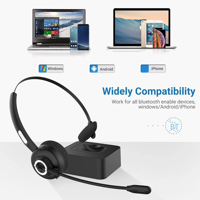 Bluetooth 5.0 Headphones Hands-free With HD Mic Charging Base Wireless Skype Headsets For Trucker Drivers Call Office