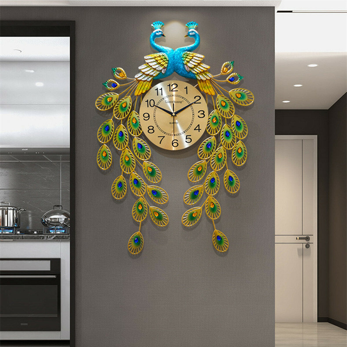 3D DIY Digital Large Peacock Wall Clock Metal Modern Art Home /Office Decoration