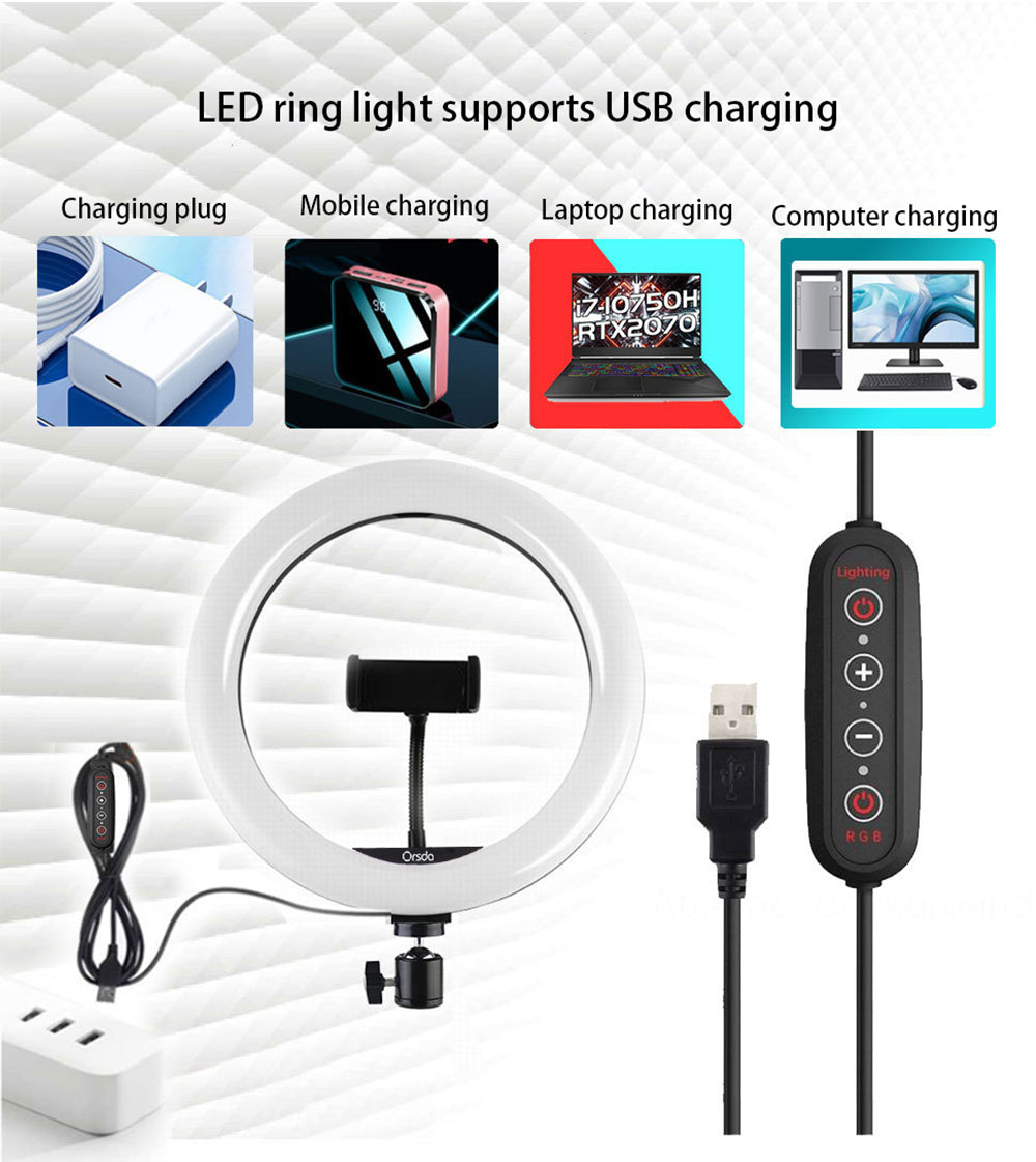 10inch RGB LED Ring Light Dimmable Selfie Ring Lamp Three Kinds of Color Temperature for Computer Live With Tripod