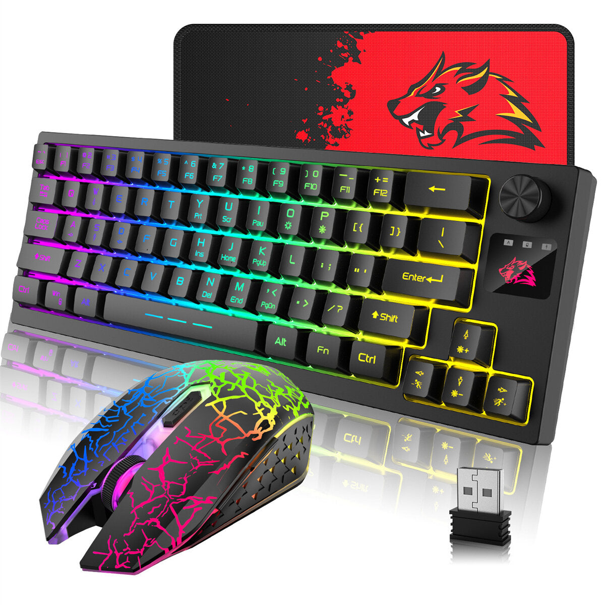 64-Keys Translucent RGB Gaming Wireless Keyboard with Adjustable Mouse Pad for PC Laptop Gamer