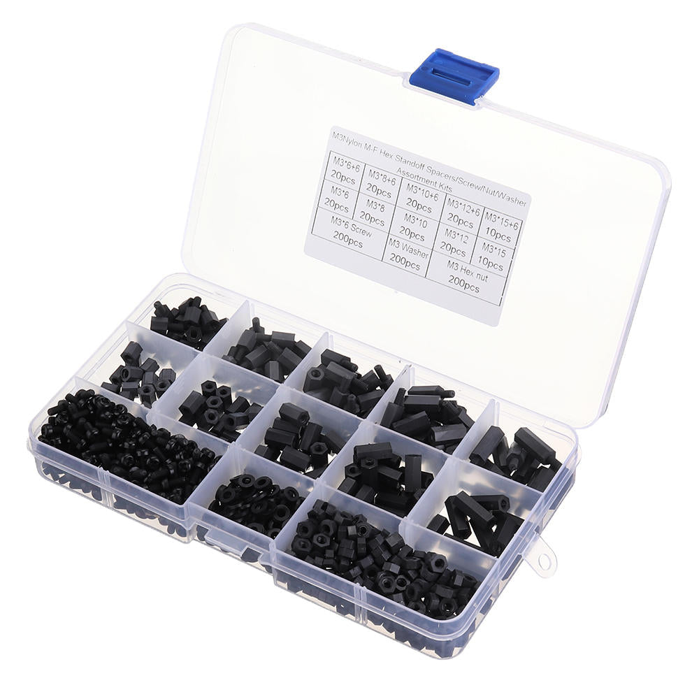 M3NH17 780Pcs M3 Nylon Screw Black Hex Screw Nut PCB Standoff Spacer Column Assortment Kit