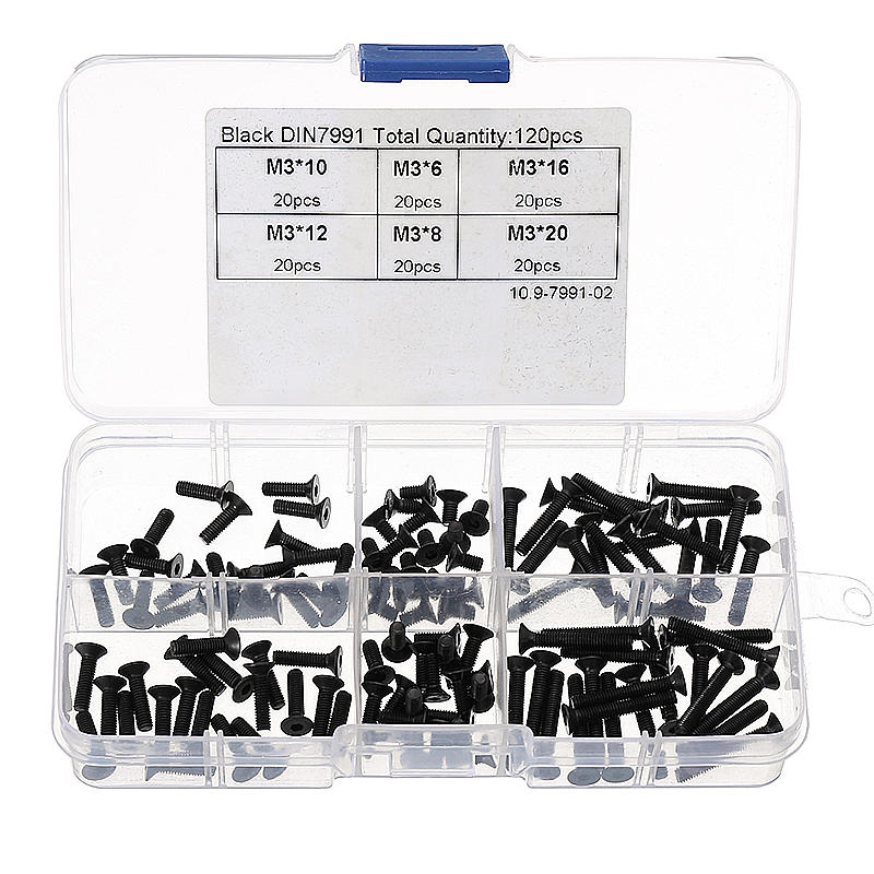 M3CH7 M3 Carbon Steel Hex Socket Flat Head Cap Screws Countersunk Bolts Assortment 120pcs
