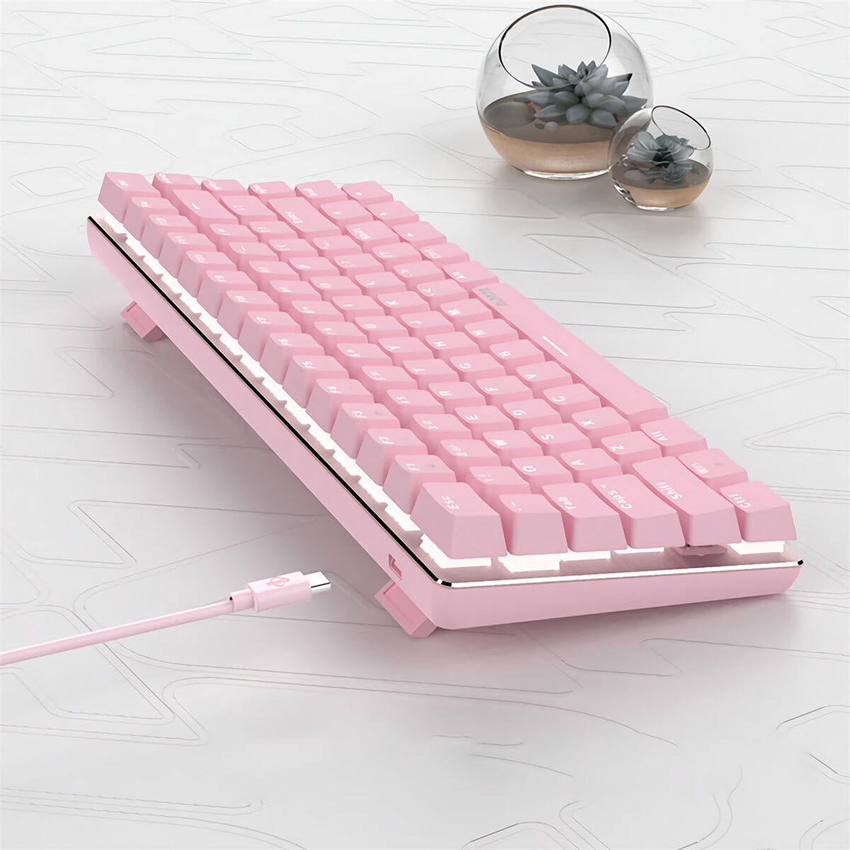 82 Keys Mechanical Keyboard Type-C Wired Mechanical Switch LED White Backlight Pink Gaming Keyboard
