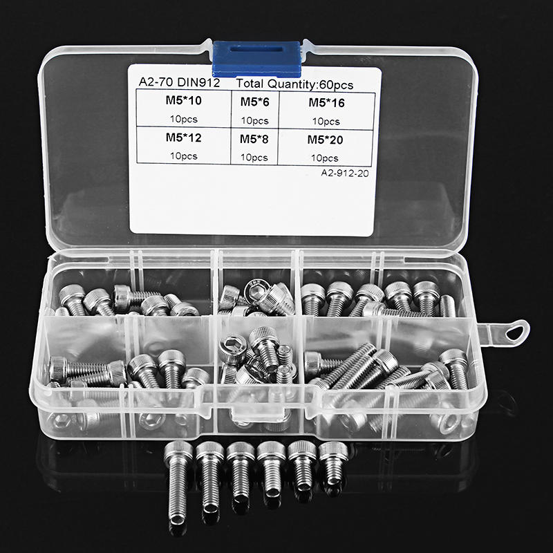 60Pcs M5 Stainless Steel 6-20mm Hex Socket Cap Head Screw Allen Bolt Assortment Kit