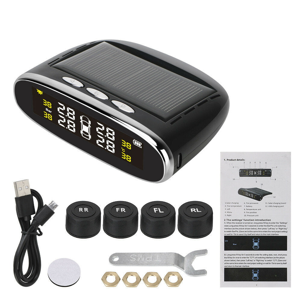 Solar Power TPMS Temperature Alert LCD Display Car Tire Pressure Alarm Monitor System With 4 Internal/External Sensor