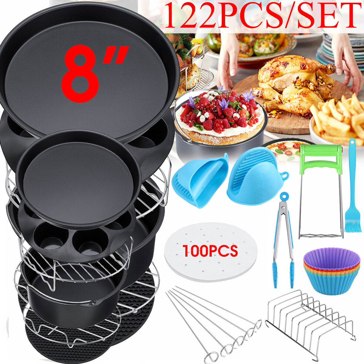8" Air Fryer For 3.7QT-6.8QT 124PCS Set Accessories Frying Cage Baking Rack Tray