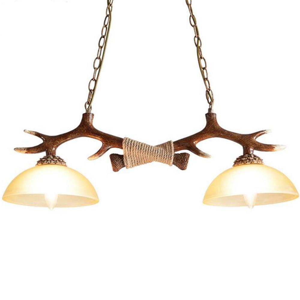 Vintage Antler Resin Double Light Deer Horn Pendant Chandelier Lamp Dinning Bar