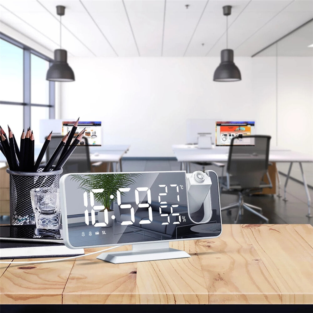 Digital Alarm Clock Electronic USB Wake Up FM Radio HD Red Projection Time Temperature and Humidity Display Table Clock
