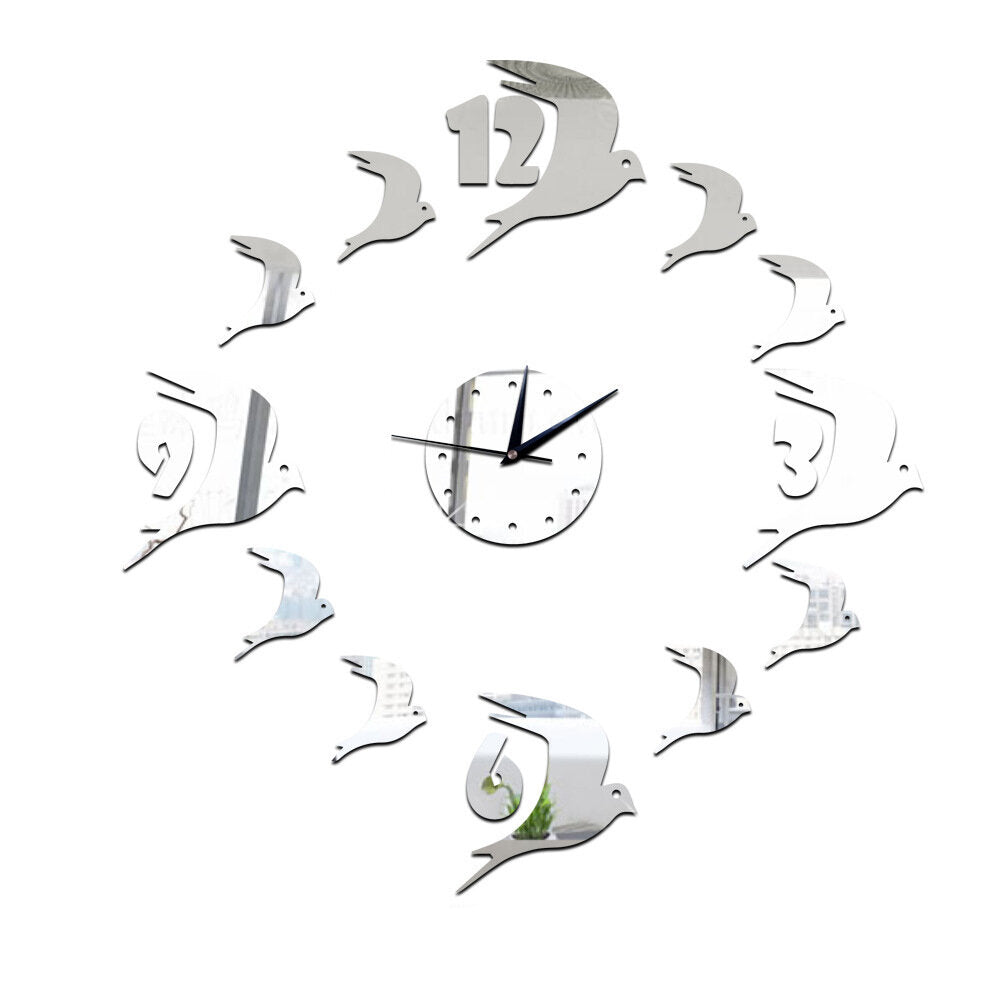 Diy Swallow Bird Crystal Acrylic Mirror Wall Clock Stereo Silent Quartz Clock Wall Sticker