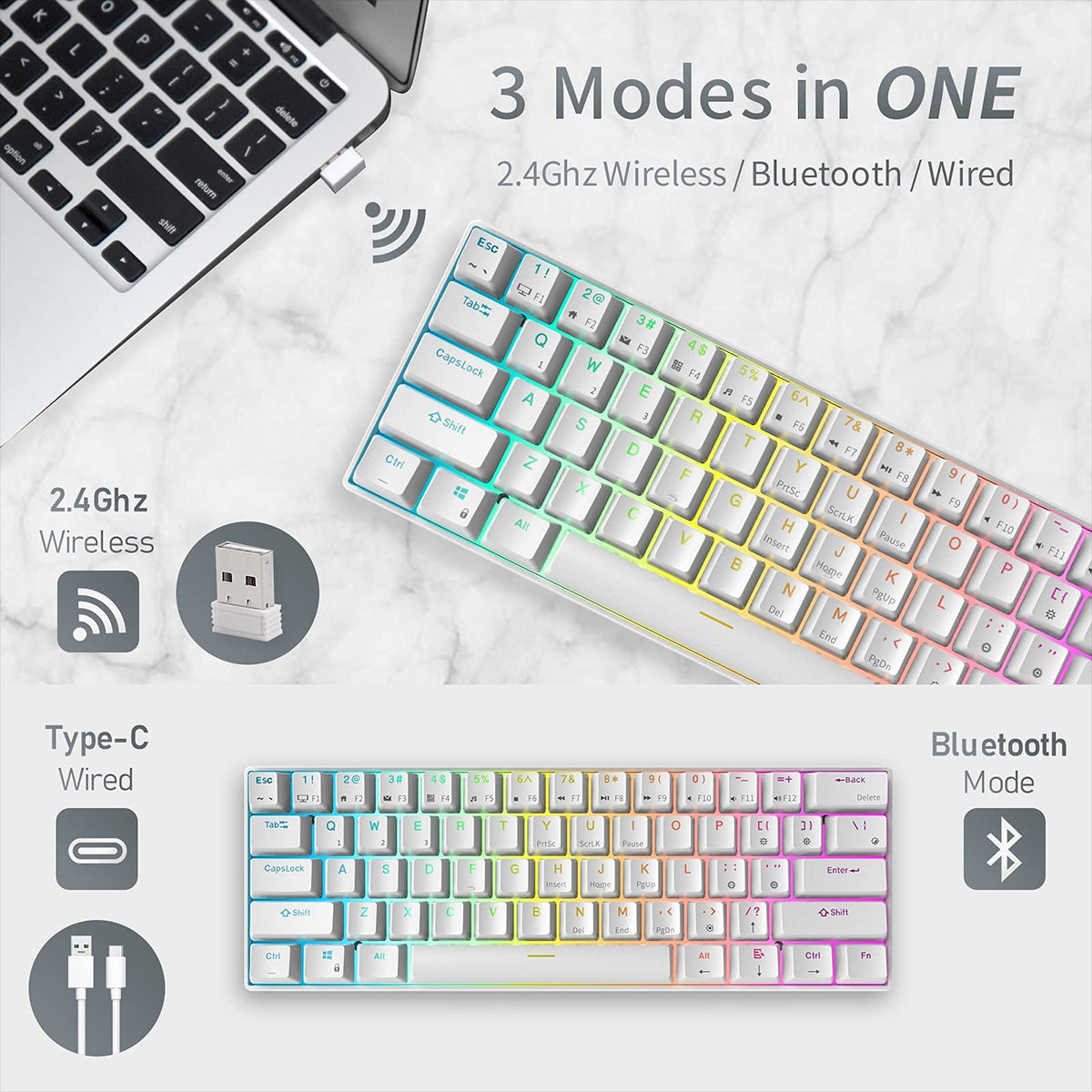 Triple Mode Mechanical Keyboard 2.4Ghz Wireless/Bluetooth/Wired 61 Keys RGB Hot Swappable Gaming Keyboard With Software For Mac/Win