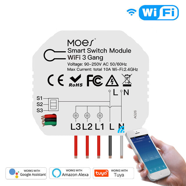 Mini WiFi Smart Light Switch 3 Gang 1/2 Way Module Smart Life/Tuya App Control Works with Amazon Alexa Google Home