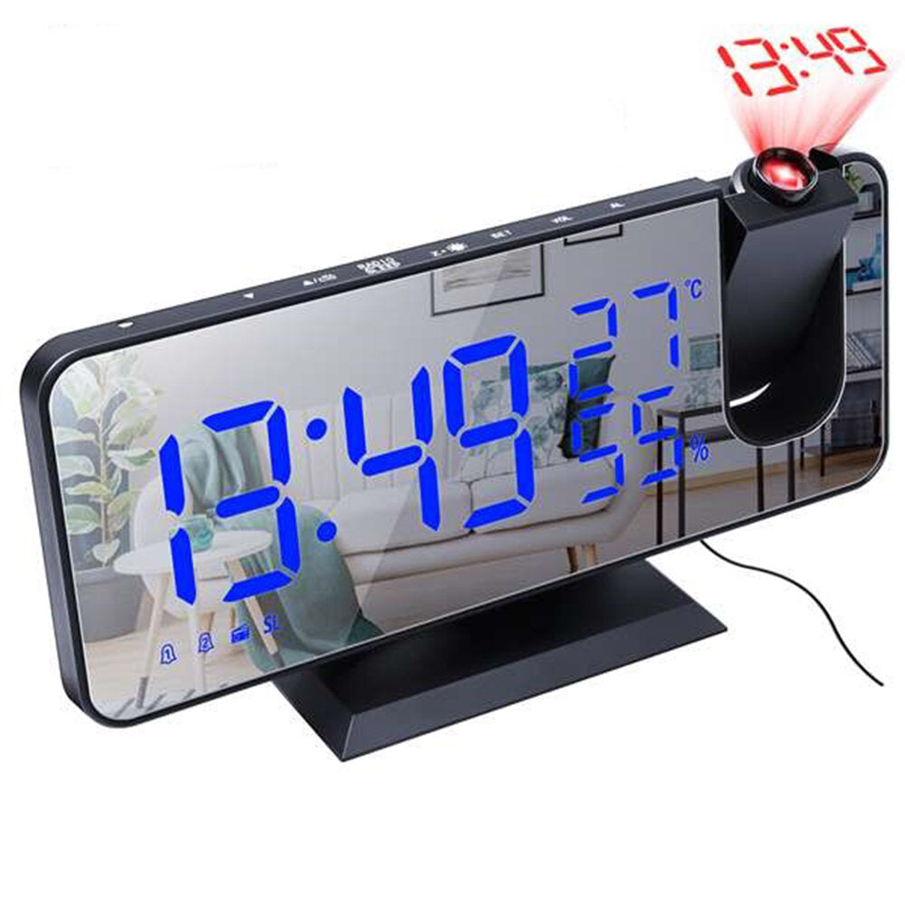 Digital Alarm Clock Electronic USB Wake Up FM Radio HD Red Projection Time Temperature and Humidity Display Table Clock