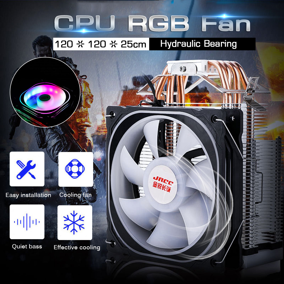12CM 1300RPM 4 Copper Tube RGB Color Change CPU Cooling Fan Intelligent Speed Regulation