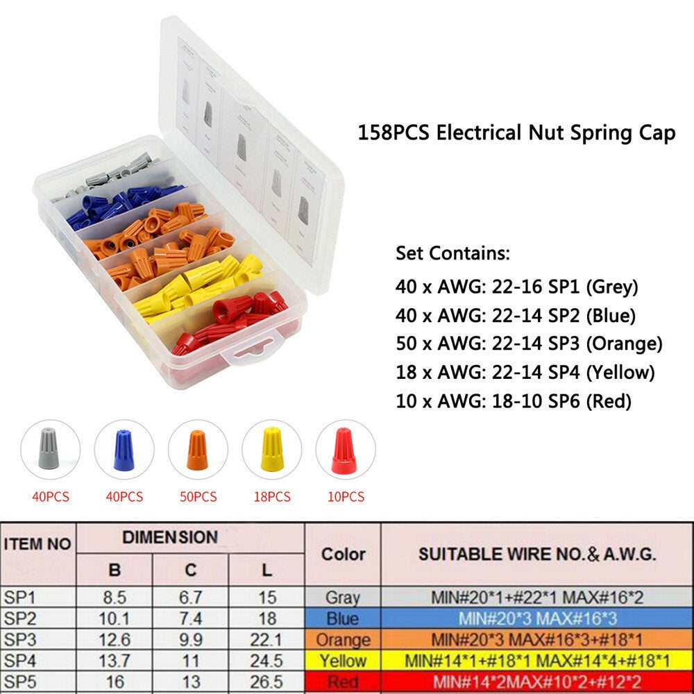 158pcs Wire Connector Terminal Twist Electrical Nut Spring Cap Assortment Set Kit