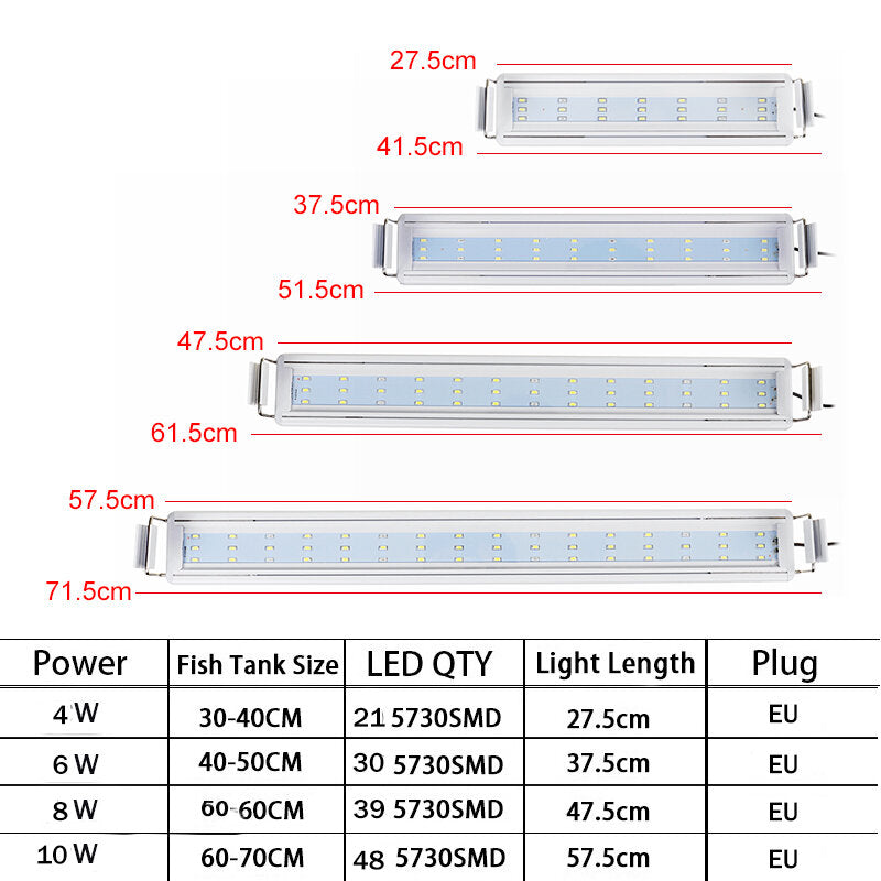 Aquarium Fish Tank EU Plug LED Light Over-Head Blue+White Lamp Plants Moon Lighting