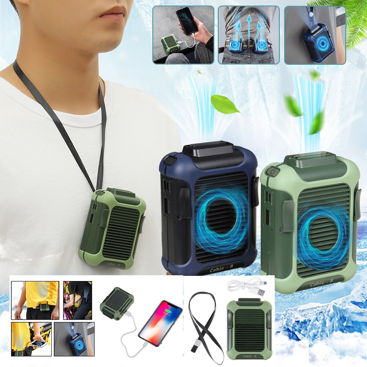 Mini Neck Air Cooler Fan Waist Clip on Fan Lazy Hands-Free Hanging Band USB Rechargeable Handheld Evaporative Cooler