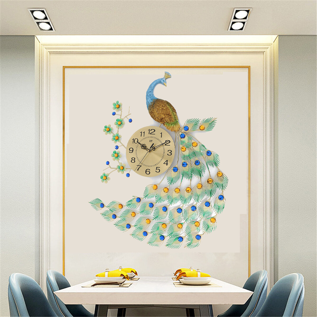 Home Large Metal Peacock Luxury Diamond Wall Mounted Clock Living Room Art Decor