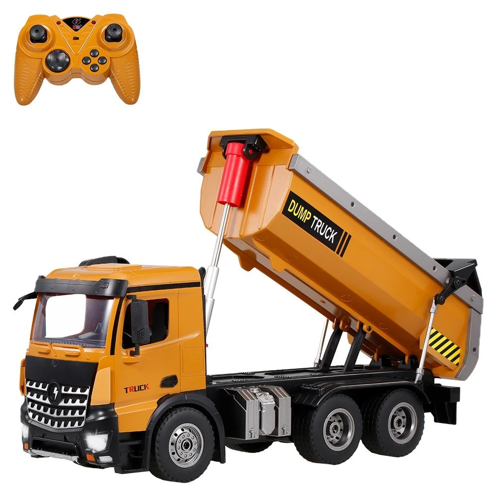 2.4Ghz 1/14 Scale RC Dump Truck Construction Vehicle Toy with LED Lights and Simulation Sound for Kids