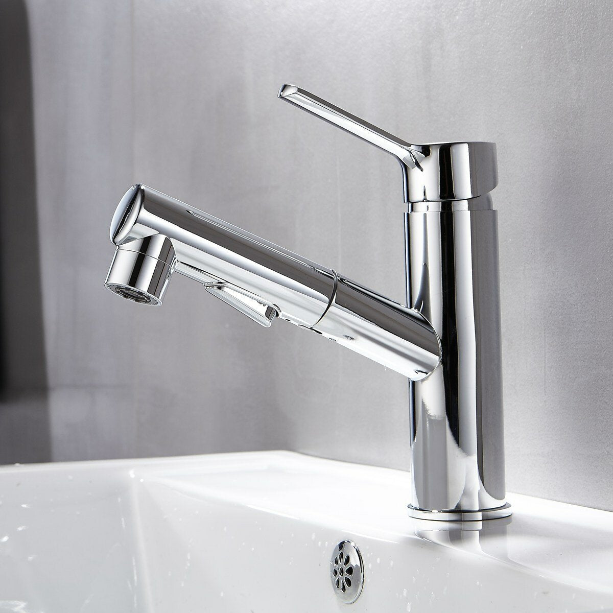 Bathroom Basin Faucet with Pull Out Sprayer Fountain Brushed Nickel Hot Cold Mixer Tap Updated Three Modes Sprayer