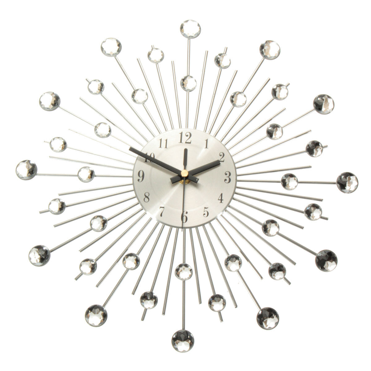 33cm Clear Diamante Crystal Effect Jeweled Sunburst Silver Metal Wire Wall Clock