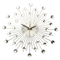33cm Clear Diamante Crystal Effect Jeweled Sunburst Silver Metal Wire Wall Clock