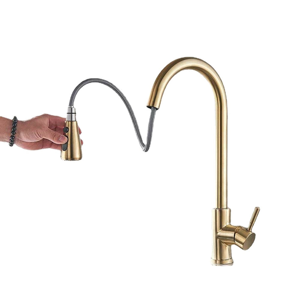 Brushed Gold Hot Cold Kitchen Sink Faucets Brass 360 Rotation Single Lever Pull Out Mixers Tap