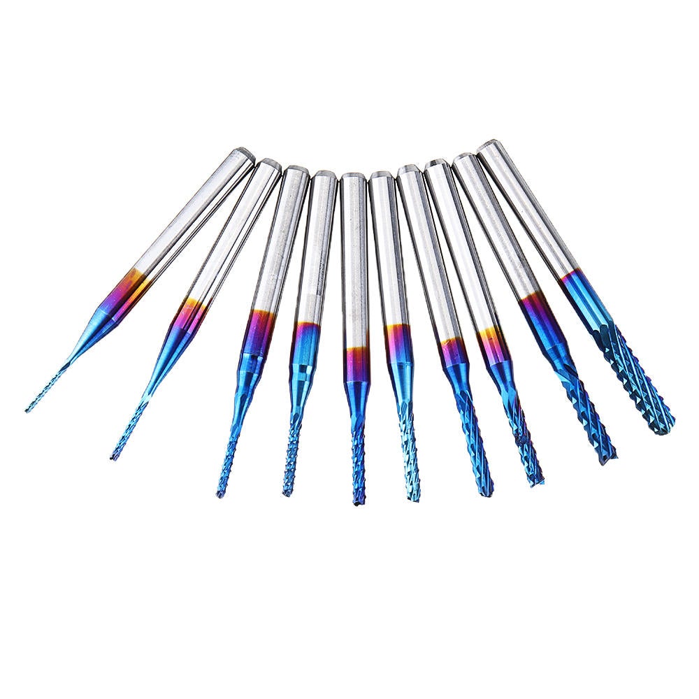 10pcs 0.8-3mm Blue NACO Coating PCB Milling Cutter Engraving Carbide Bits for CNC Engraving Machine