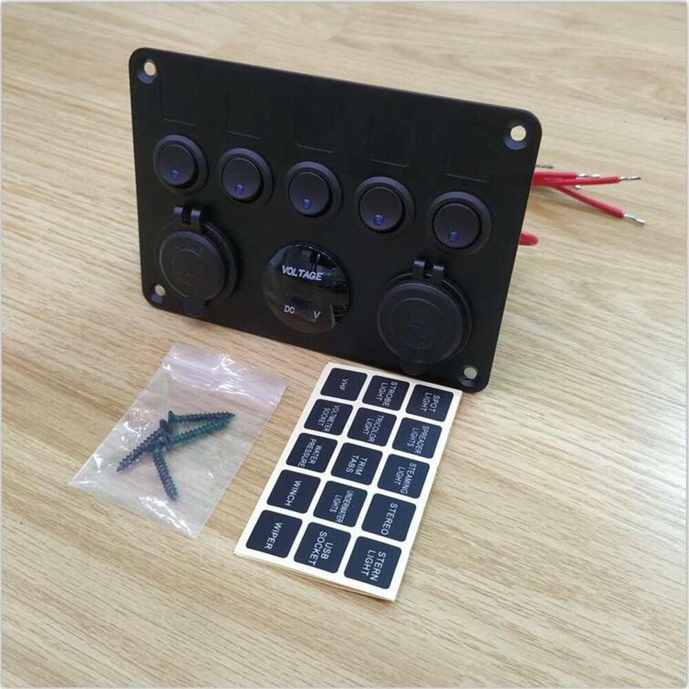 12-24V Universal 5 Gang ON/Off Toggle Rocker Switch Panel With Dual USB Charger LED Digital Voltmeter Waterproof For Car Truck Boat Marine