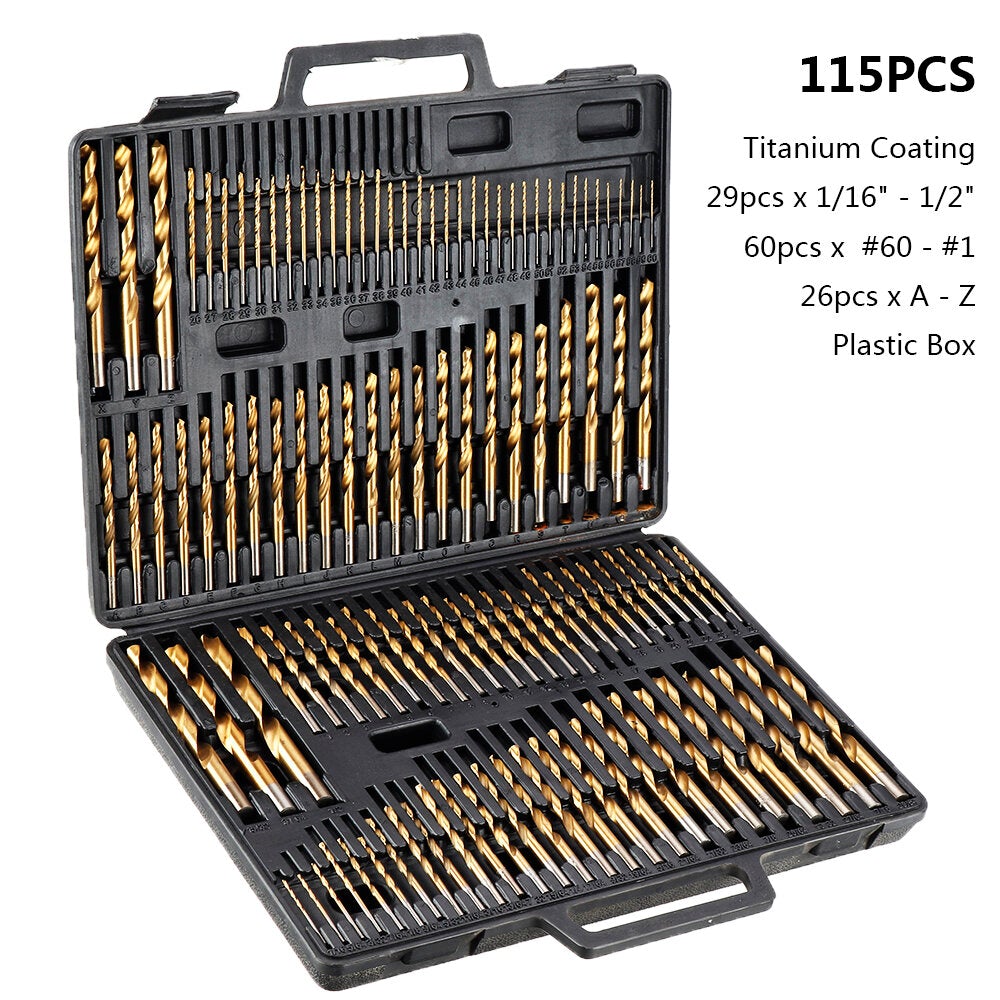 21/29/115 Pcs Titanium Coating Quick Change Twist Drill Set Individual HSS Drill Bits 1/16"-1/2" #60-#1 A-Z Round Shank Drill Set