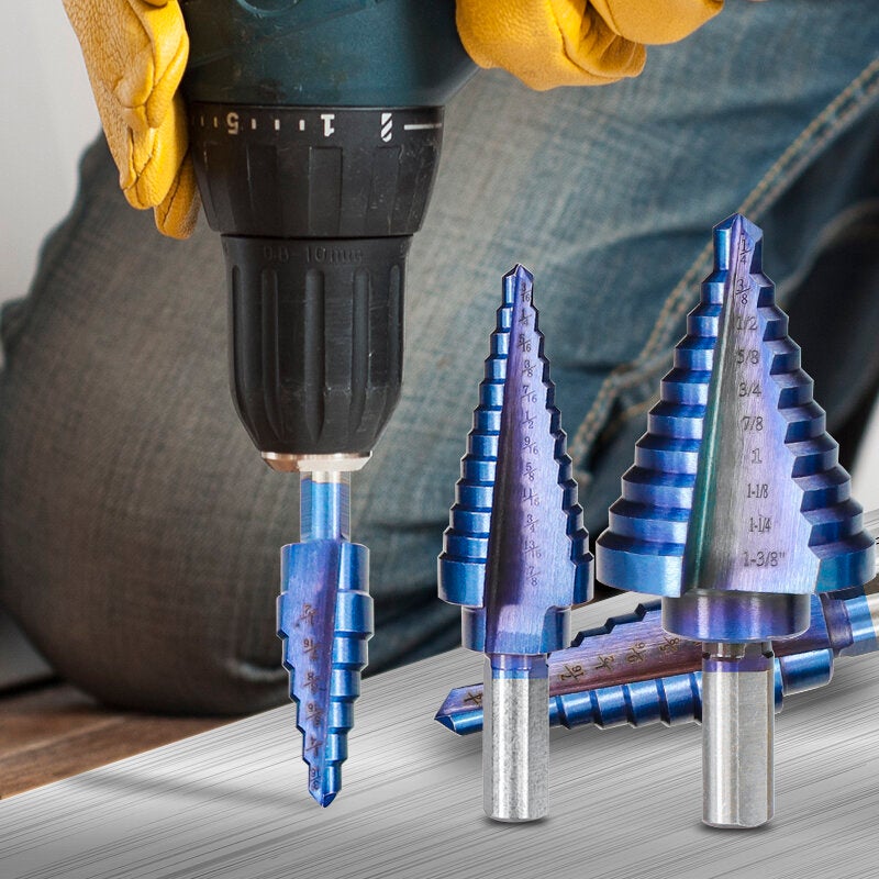 5pcs HSS Blue Nano Coating Step Drill Bit Set Multiple Hole 1/8 to 1-3/8 Inch 50 Sizes with Aluminum Case or Opp Bag
