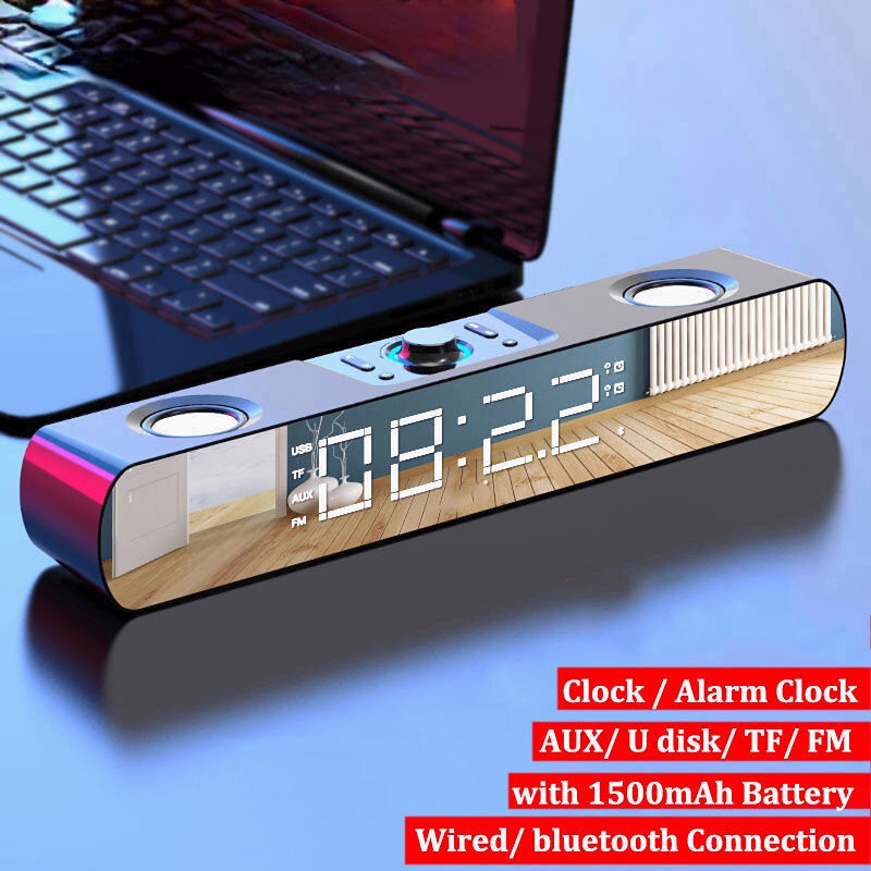 Bluetooth 5.0 Speaker Stereo Subwoofer Bass Four-Units Noise Reduction FM Radio TF Card AUX-In Alarm Clock 1500mAh LED Mirror Display Soundbar