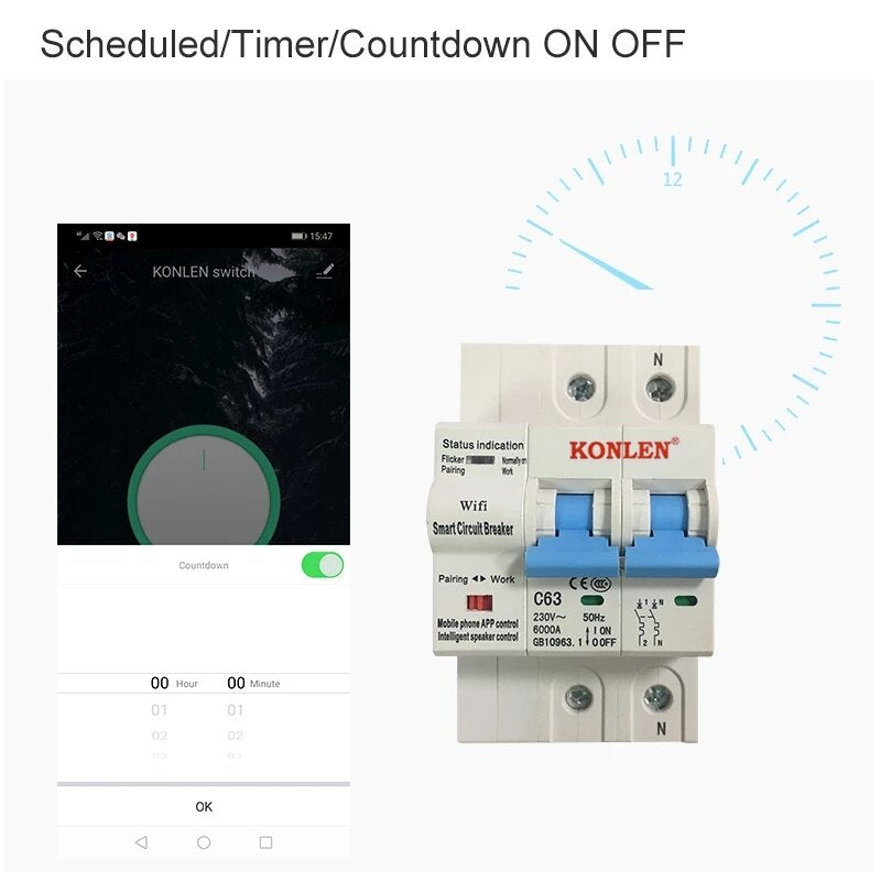 WIFI Smart 2P 63A 220V Circuit Breaker Electrical Energy Meter Power Air Switch Timer Works with Google Alexa