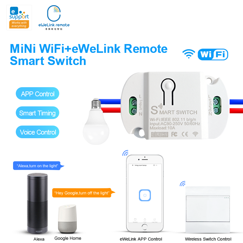 Mini WiFi+Bluetooth Smart Switch App Control Voice Control Light Intelligent Remote Control Switch Module for Smart Home Work with Alexa Google Home