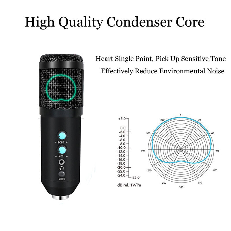 USB Condenser microphone Hi-Fi Active Noise Reduction Reverberation Adjustable Wired with Tripod for Computer Mobile Phone Live Recording