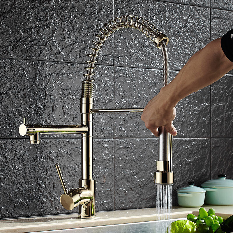 Kitchen Sink Mixer Faucet Pull Out Sparyer 360 Degree Rotation Hot & Cold Water Crane Tap with Dual Spout Chrome Brass Brushed Collapsible