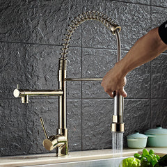 Kitchen Sink Mixer Faucet Pull Out Sparyer 360 Degree Rotation Hot & Cold Water Crane Tap with Dual Spout Chrome Brass Brushed Collapsible