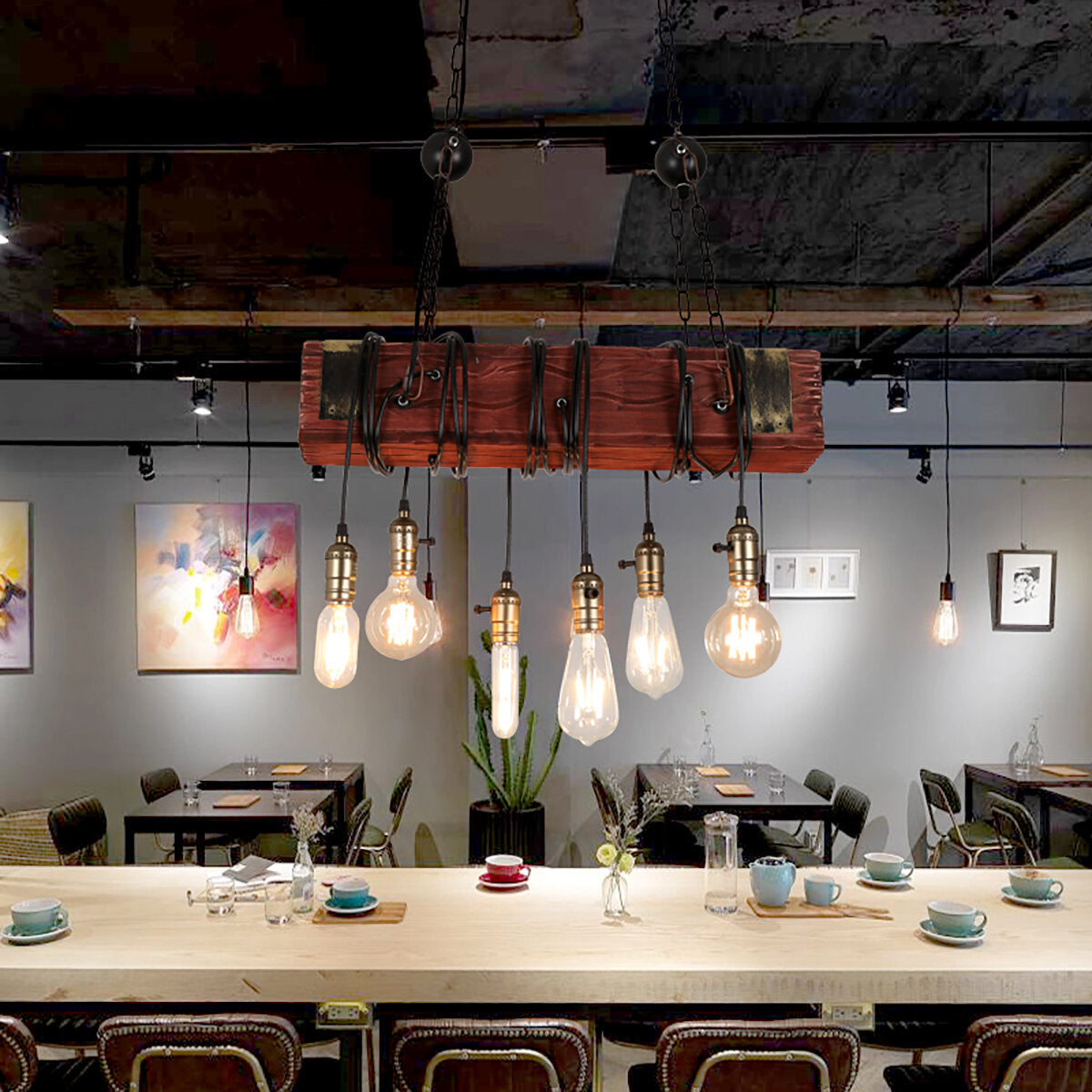 Light Wooden Chandelier Industry Restaurant Pendant Lamp Art Ceiling Decor AC110-240V