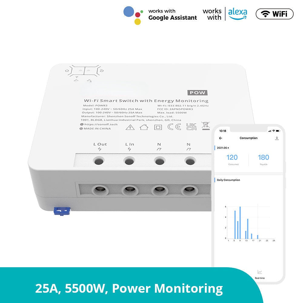 25A Power Metering WiFi Smart Switch Overload Protection Energy Saving Track on eWeLink Voice Control via Alexa