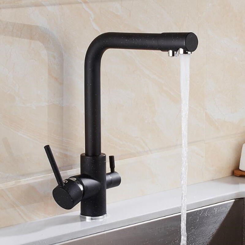 Kitchen Sink Faucet Rotatable Hot Cold Mixer Drinking Water Tap Double Handles Copper Deck Mount Black