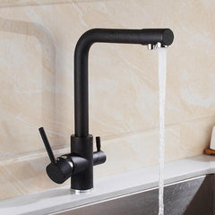 Kitchen Sink Faucet Rotatable Hot Cold Mixer Drinking Water Tap Double Handles Copper Deck Mount Black
