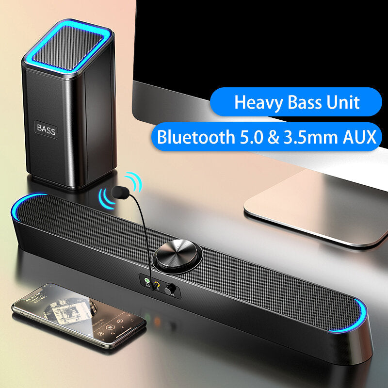 Bluetooth 5.0 Speaker 2.1 Channel Wireless Soundbar Subwoofer with Independent Heavy Bass Unit Hi-Fi Stereo Sound for Laptop PC Theater TV Aux 3.5mm