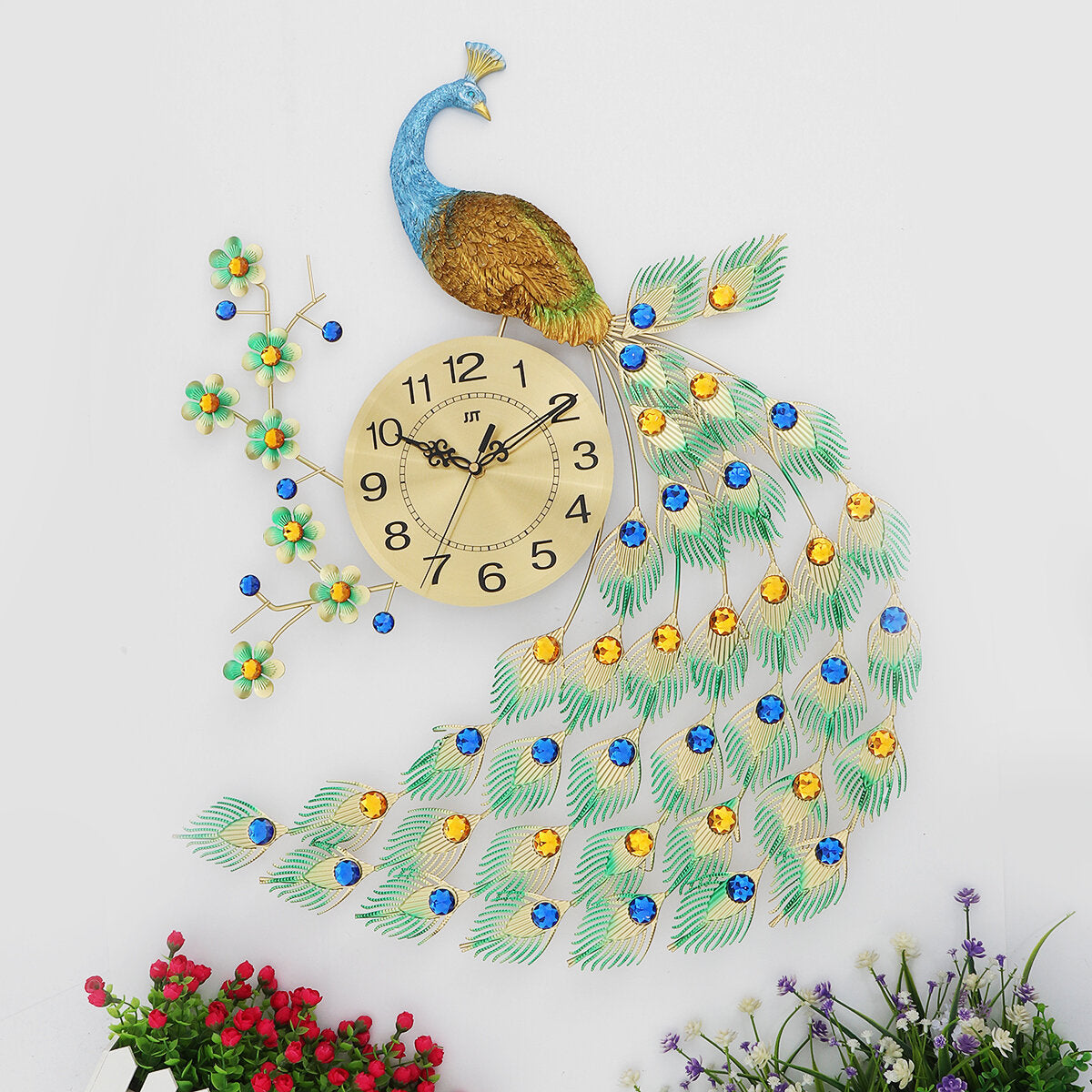Home Large Metal Peacock Luxury Diamond Wall Mounted Clock Living Room Art Decor